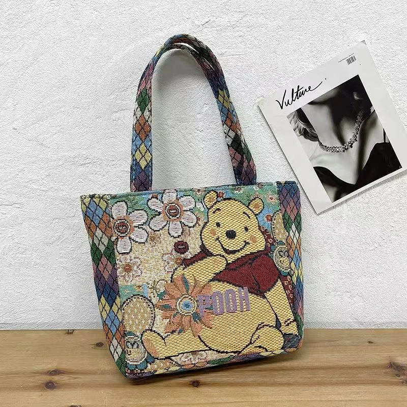 卡通菱格帆布刺绣手提双面刺绣休闲帆布包时尚印花通勤购物手提包