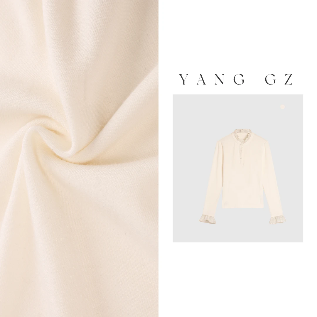 YANG GZ【小夜曲】法式荷叶小立领拼接袖羊毛针织打底衫女GZ24WA025