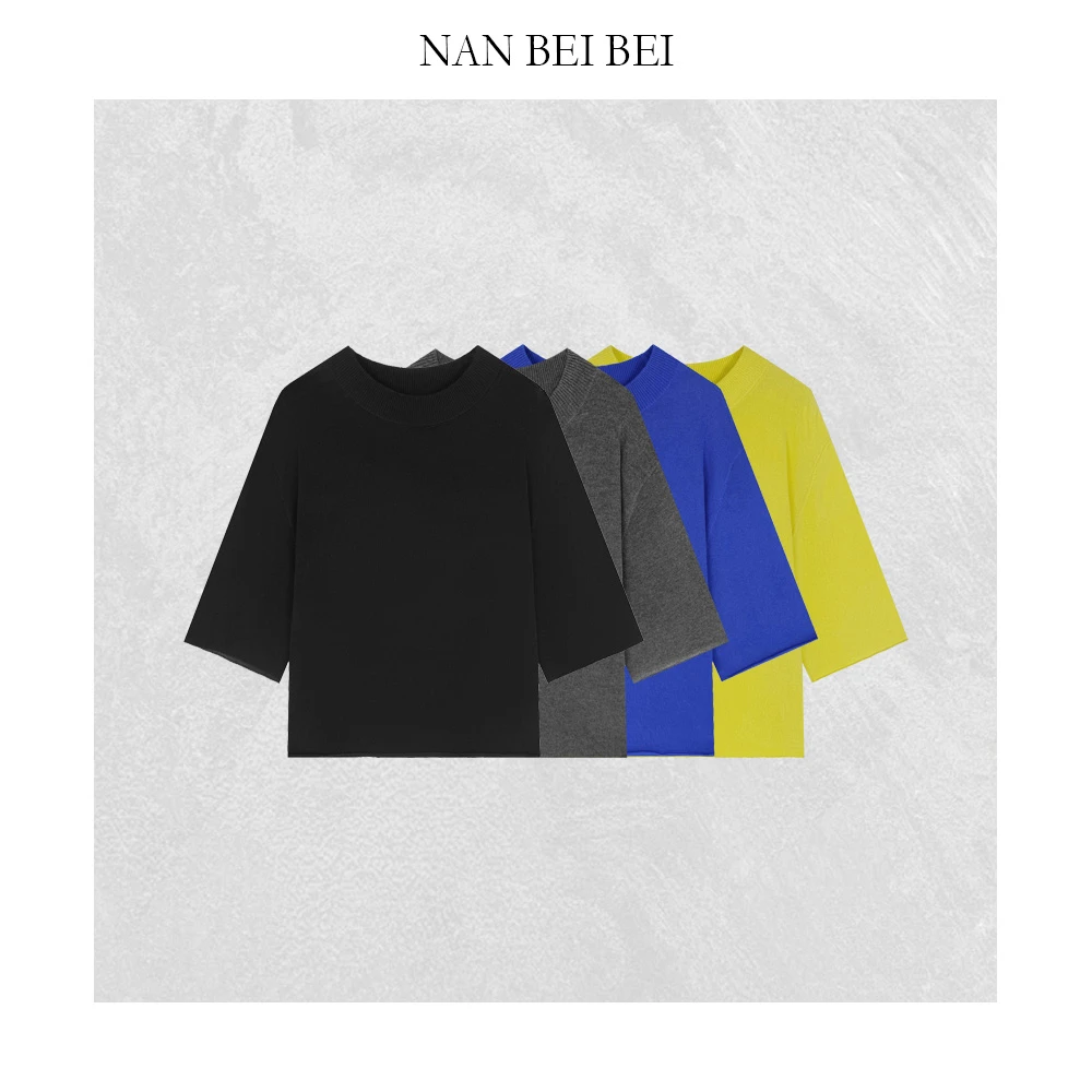 NanBeiBei '卷边竹节麻' 简约纯色廓形百搭针织卷边短袖上衣 028