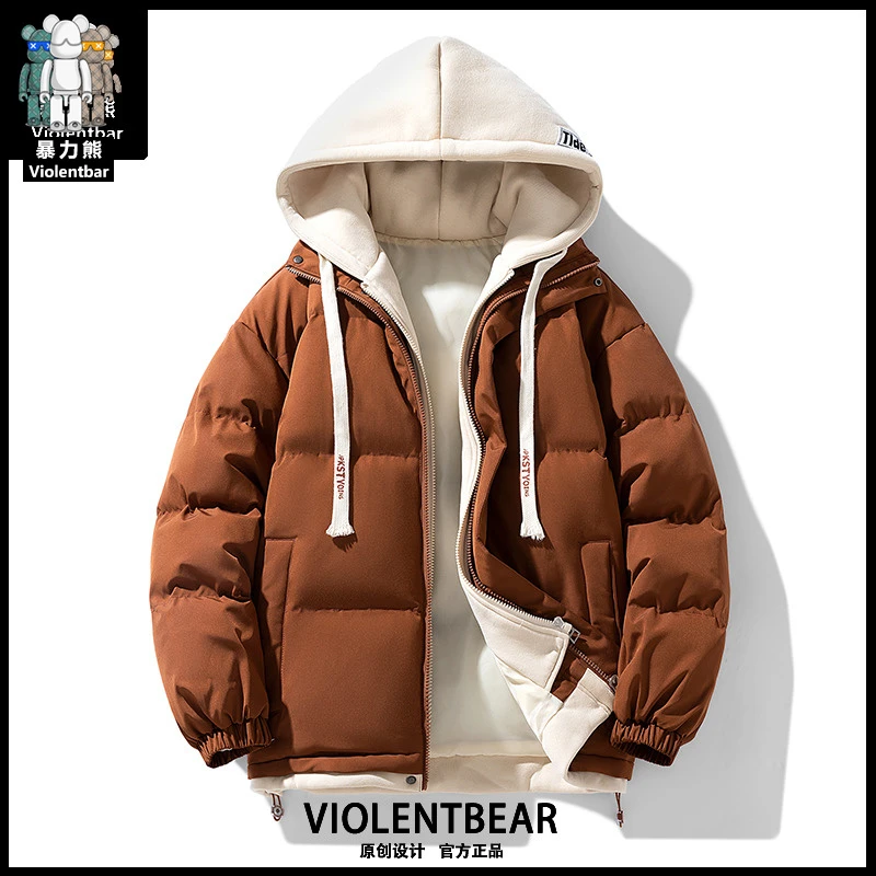 【暴力熊年终大促】棉衣男外套冬季连帽假两件棉服加绒冬装男士棉袄