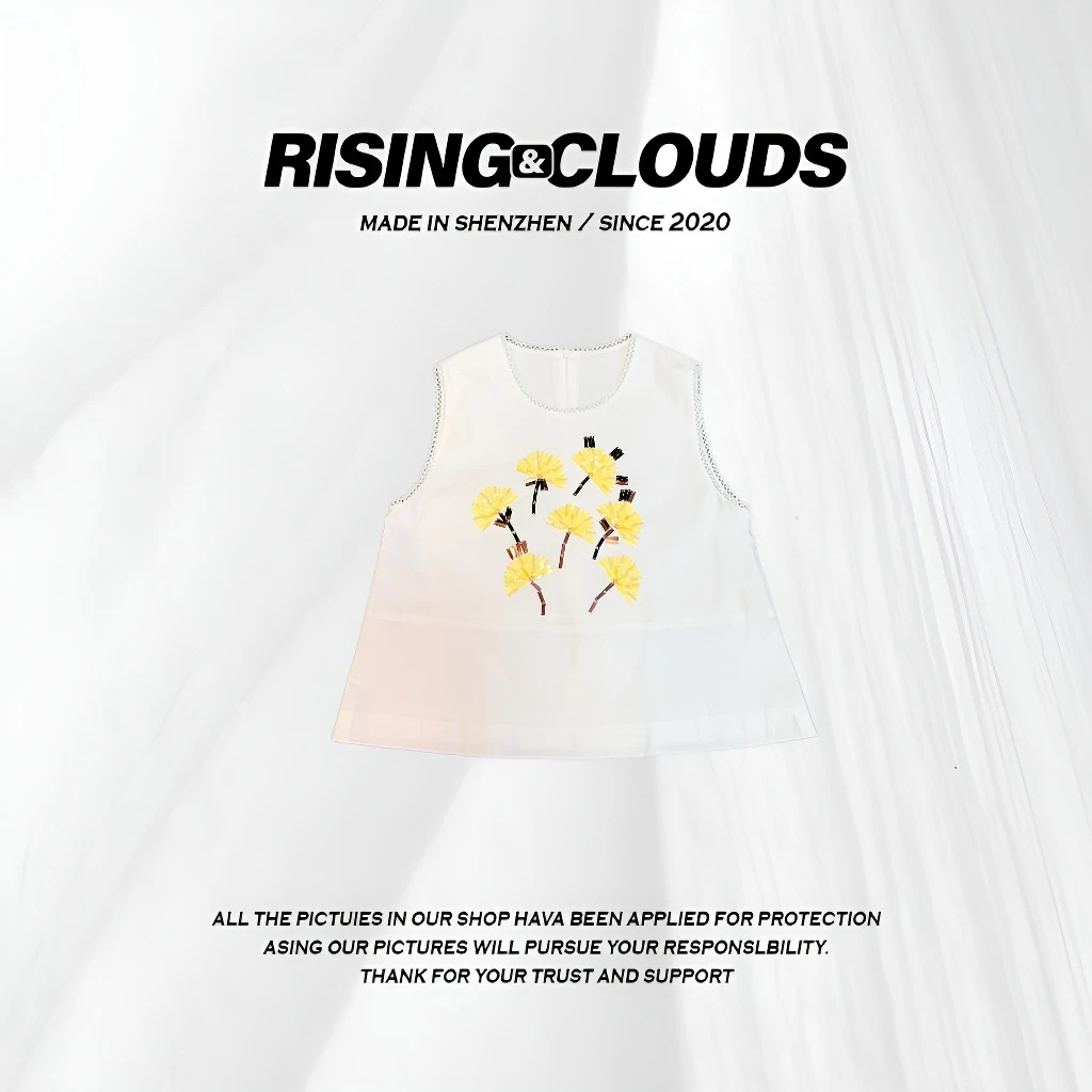 RISING&CLOUDS小云姐【荷意】百搭钉珠春夏白色t恤无袖上衣120312