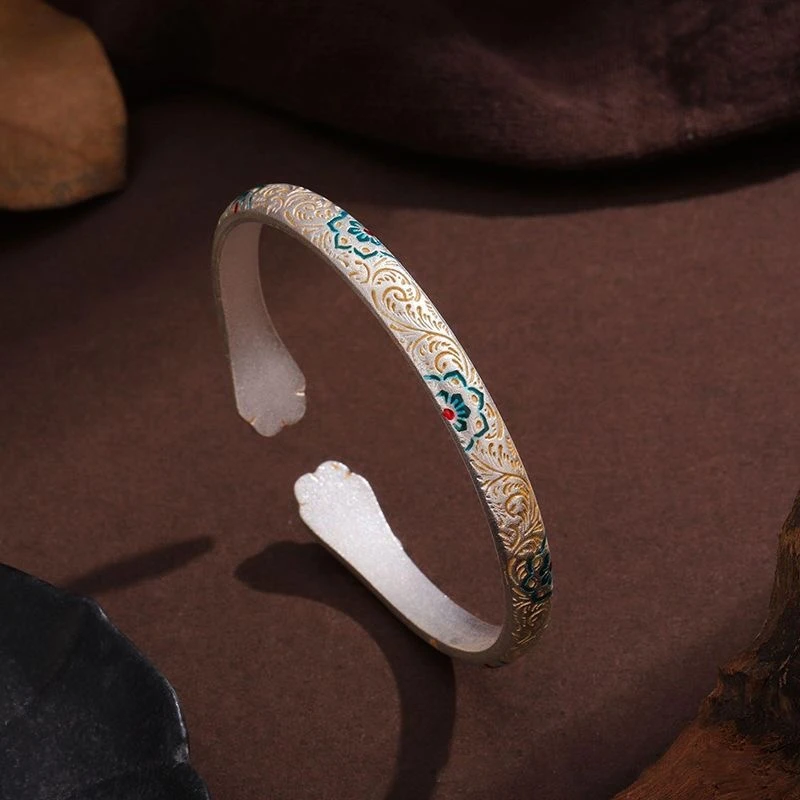 足银手镯 42号描金猫爪手镯珐琅彩唐草纹宝相花开口手环女新中式