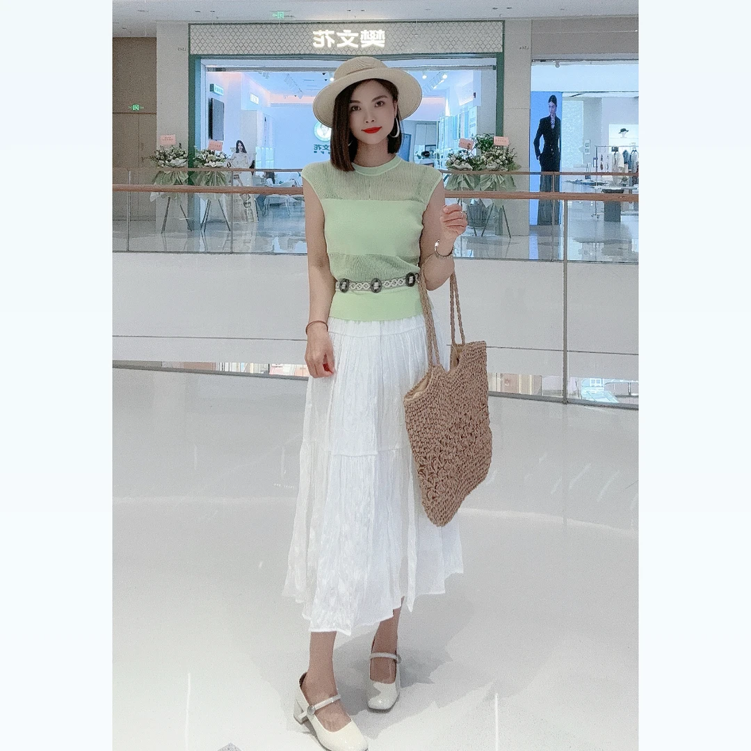 KBNE夏季新品薄款高腰松紧腰女设计感褶皱白色半身裙350513108