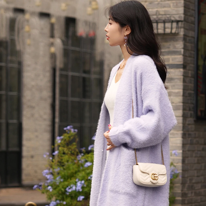 水貂绒毛衣外套女秋冬宽松外搭慵懒风中长款时尚针织开衫