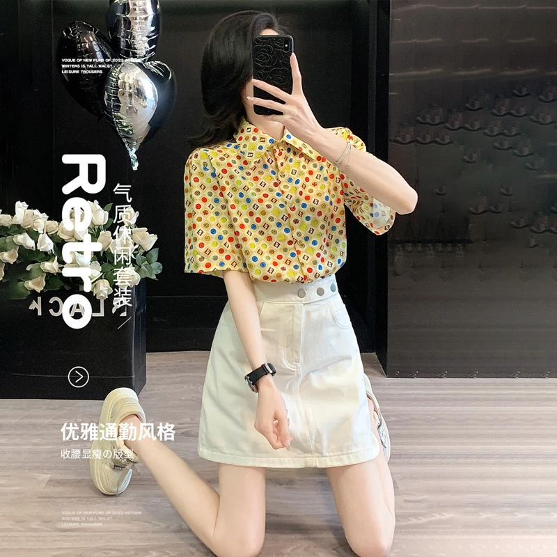 小清新波点气质短袖衬衫显瘦套装夏季减龄休闲上衣搭配半身裙洋气