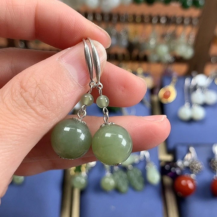 和田玉银S925镶嵌耳饰12左右晴水绿