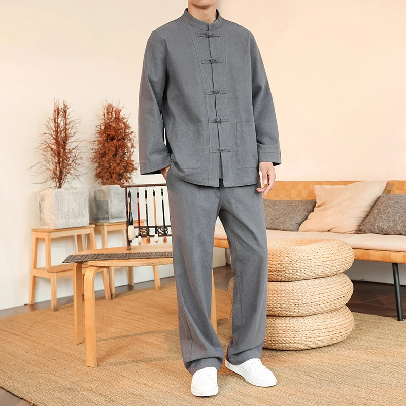 唐装男中式长袖外套中青年棉麻秋季男装中国风复古盘扣汉服套装