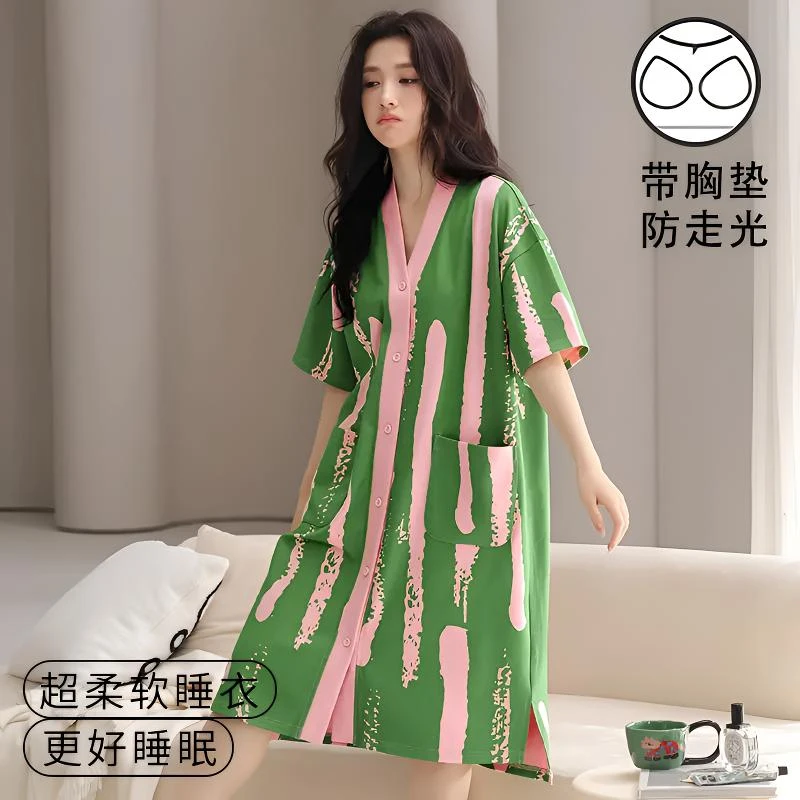 带胸垫睡裙女款夏季薄款可外穿2025新款高级感韩版睡衣绿色家居服