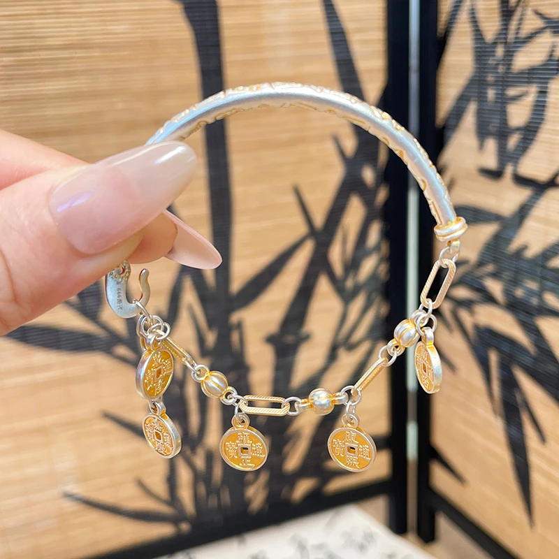 足银手链 「半福圆币」银手链女款999.9吉言描金钱币半镯半链七夕