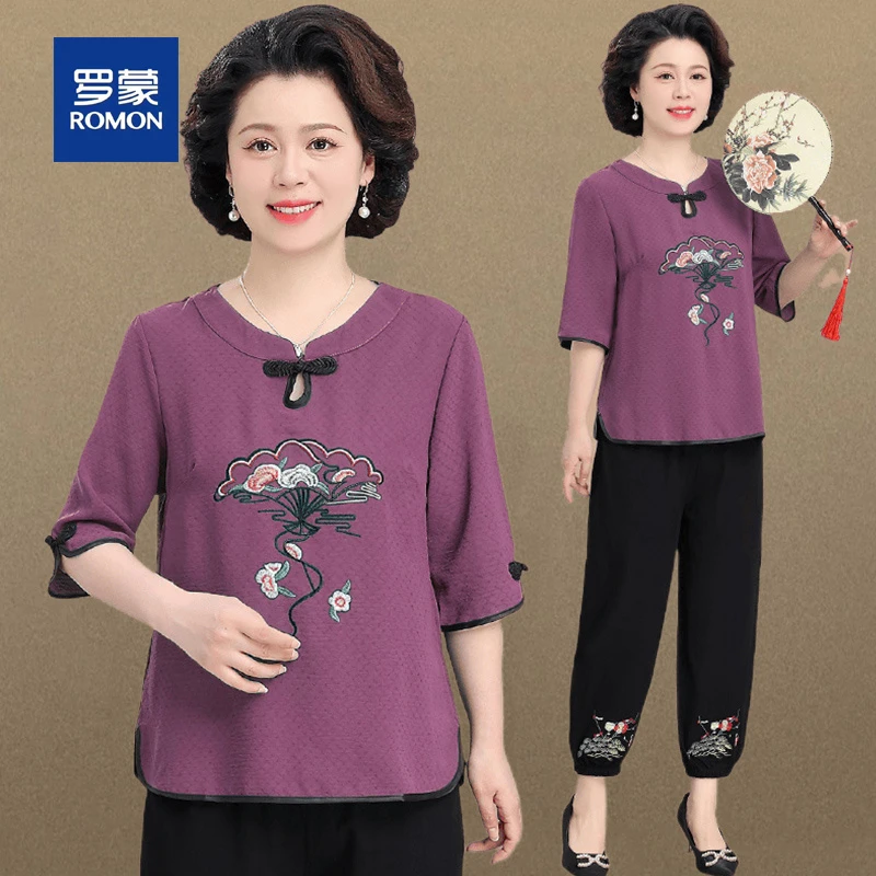 罗蒙中老年人套装女奶奶夏装中袖妈妈装老人衣服60多岁老太太唐装