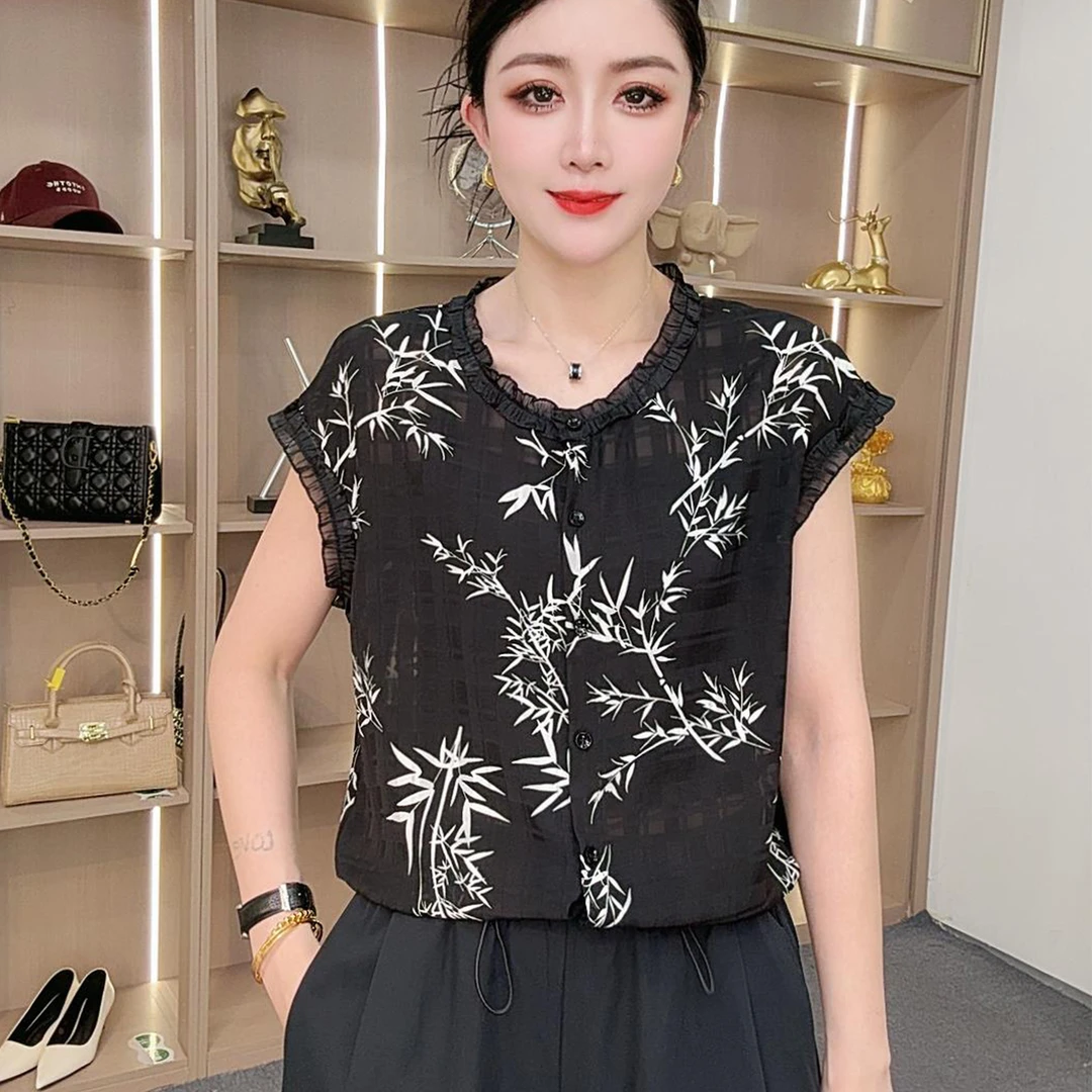 时尚印花短袖衬衫夏季新款意式圆领垂感显瘦I休闲百搭小衫女上衣