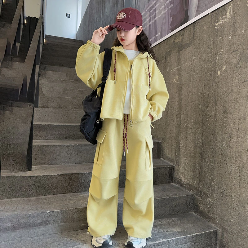 新款春秋季女童连帽外套儿童两件套中大童女孩运动工装裤套装