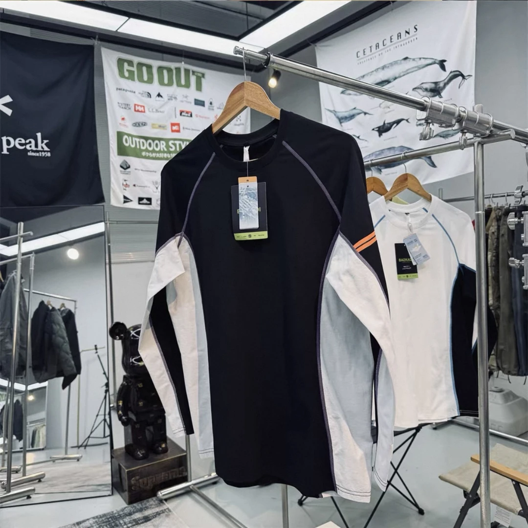 山系户外撞色拼接速干长袖T恤徒步登山运动骑行服透气打底上衣潮
