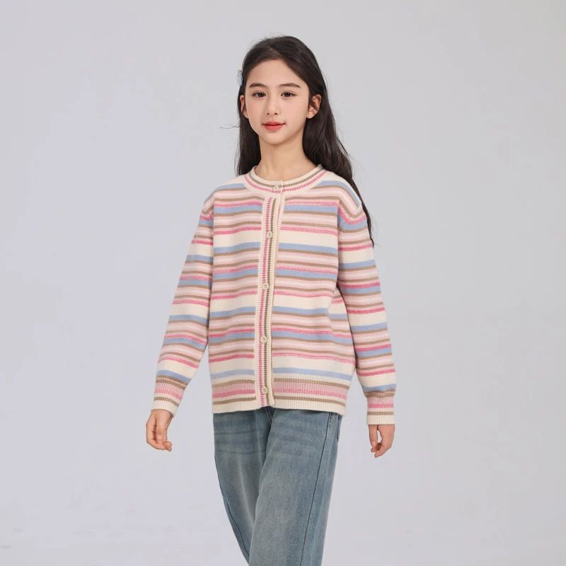 1825女童针织开衫儿童毛衣2025新款6-12岁大女孩洋气彩色条纹上衣