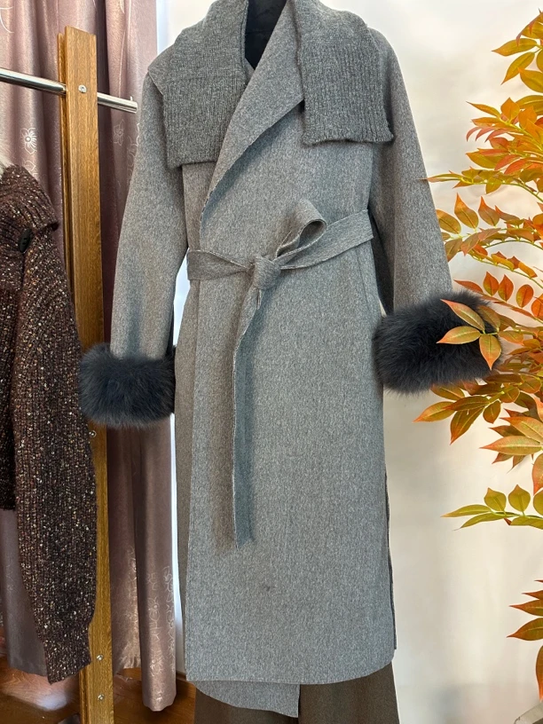 冬季纯色长款双面羊绒外套百搭休闲中长款大衣气质灰色