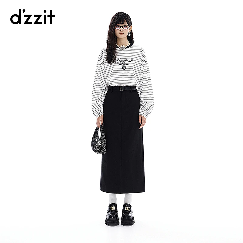 dzzit地素长袖T恤复古休闲宽松刺绣条纹上衣女3I4B511