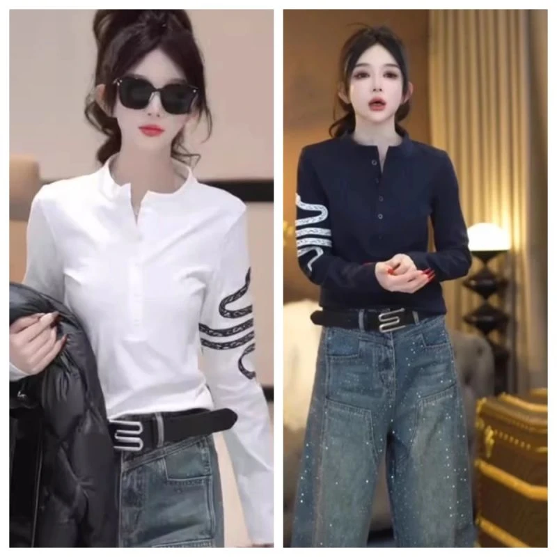 2025春季新款蛇年刺绣半纽扣长袖T恤女休闲百搭显瘦设计感上衣潮