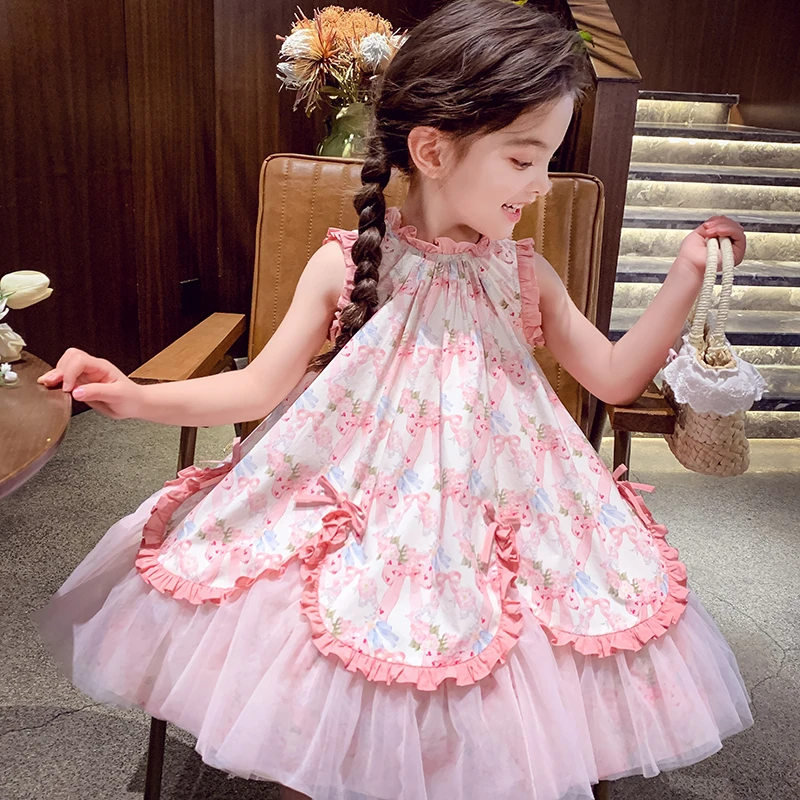 【现货】米米哈罗女童夏款花边蝴蝶结印花连衣裙C25118