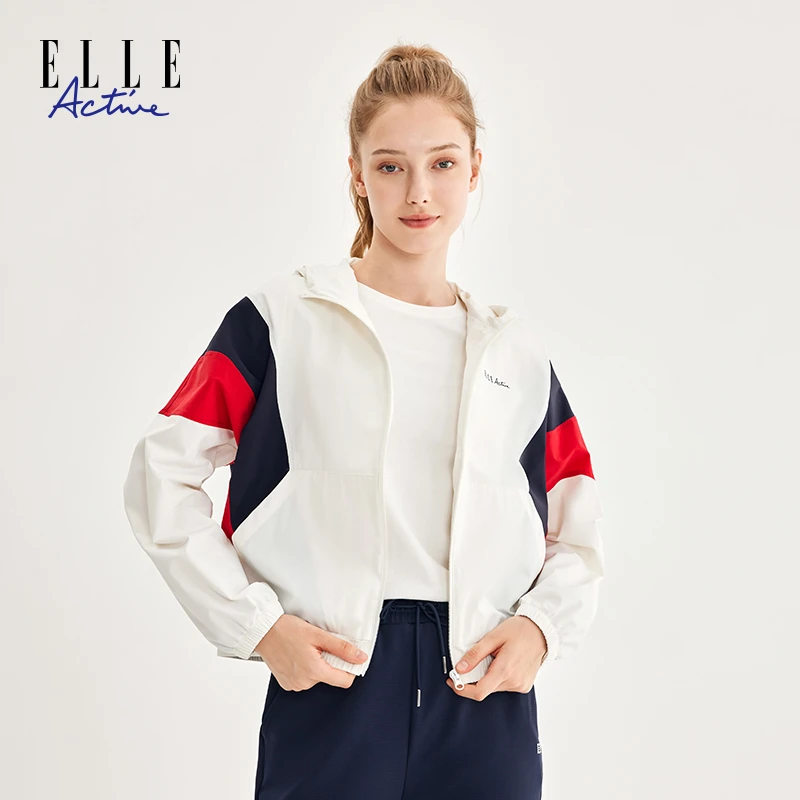 ELLE Active新款撞色风衣女运动活力拼接潮流时尚连帽短外套春秋