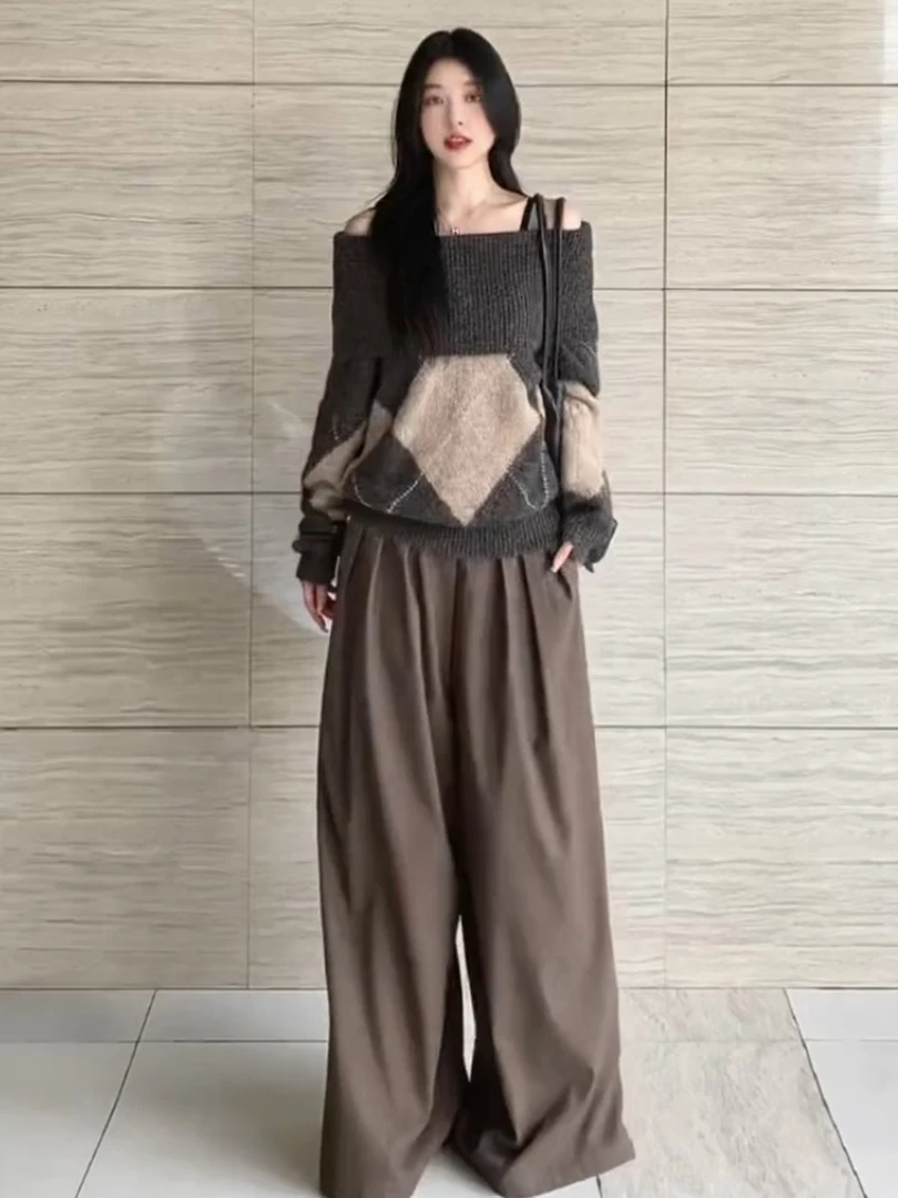 入秋穿搭一整套女装2025新款设计感菱格显瘦长袖针织衫阔腿裤套装