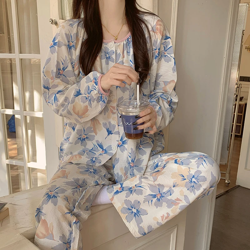 睡衣女春秋季薄款长袖云朵棉可爱可外出家居服网红爆款公主风蓝花