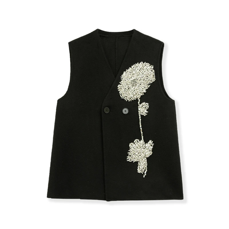 轻奢时尚设计花朵刺绣中长羊毛马甲8425-354-9971