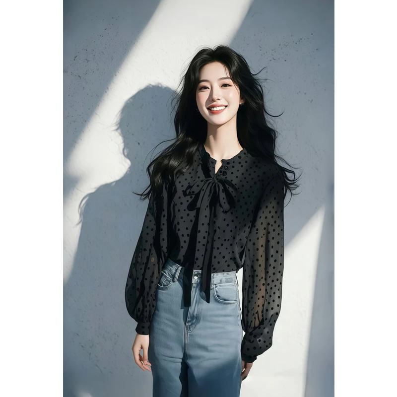 2025新款漂亮小衫法式高级感轻奢黑色系带波点雪纺长袖衬衫女春季