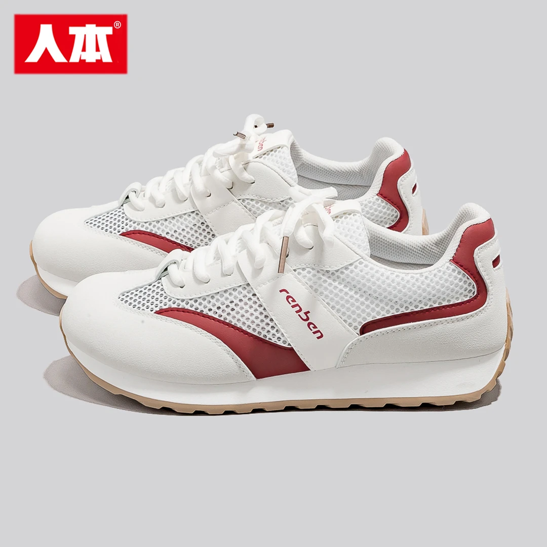 人本百搭鞋子女款爆款2025新款夏季网面透气平底小白鞋潮流阿甘鞋