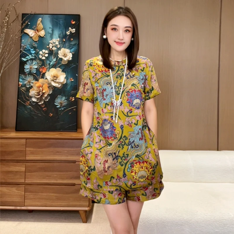 国风设计感撞色时尚套装女2025年夏季新款立领上衣高腰短裤两件套