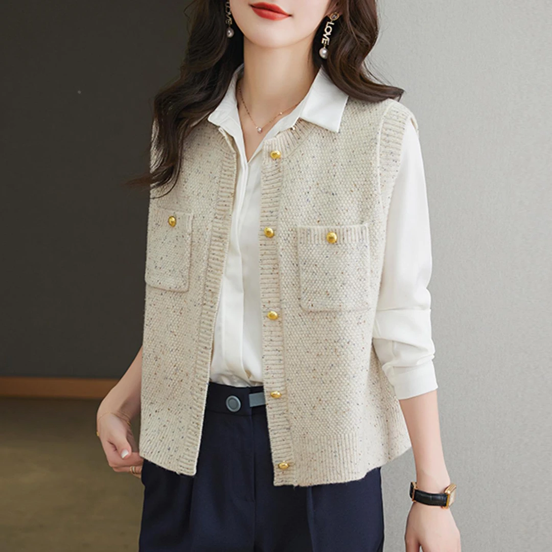 时尚小香风针织开衫马甲背心女士2025秋冬季新款宽松外穿无袖毛衣