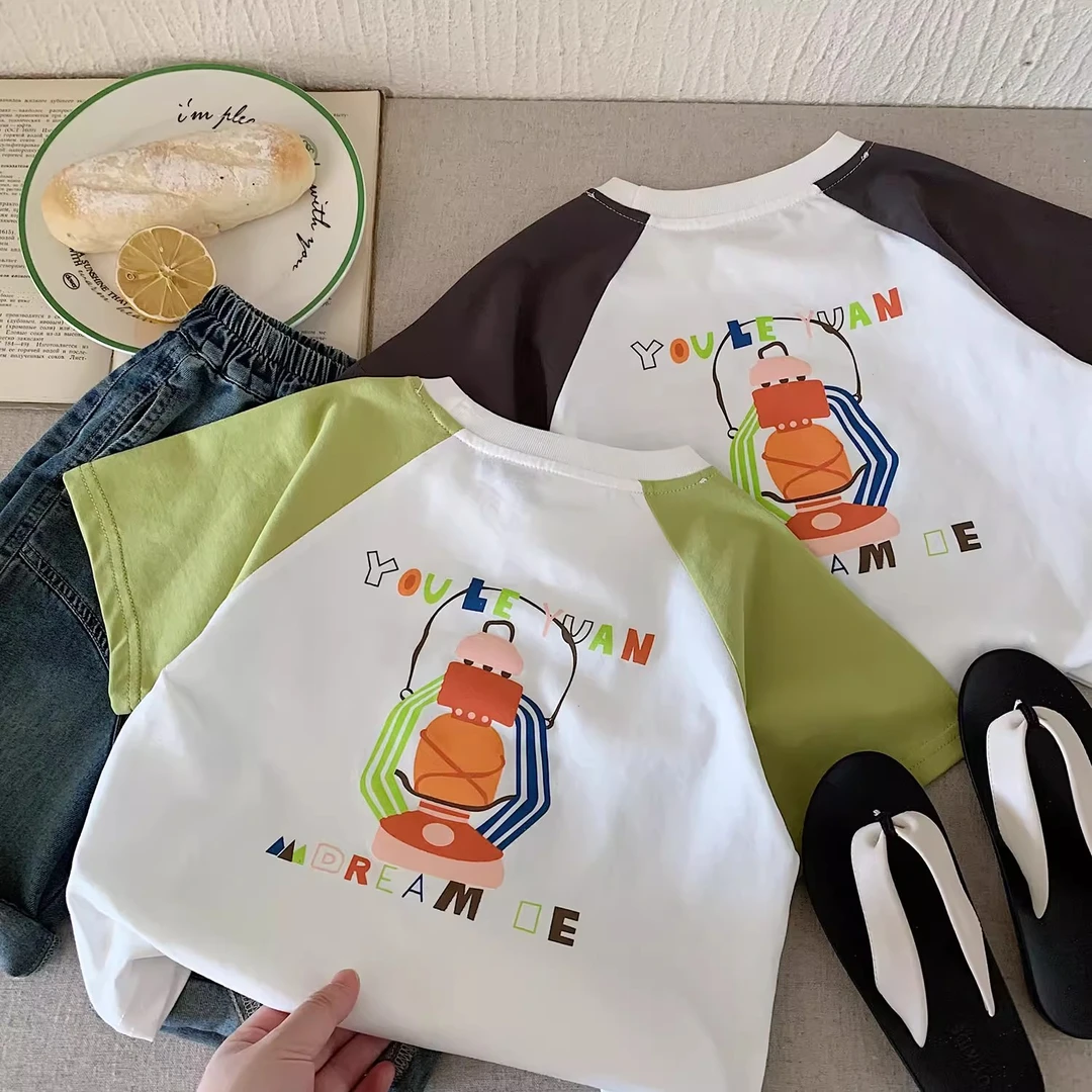 新款男童夏装短袖儿童男孩衣服宝宝插肩袖薄款拼接撞色T恤潮时尚