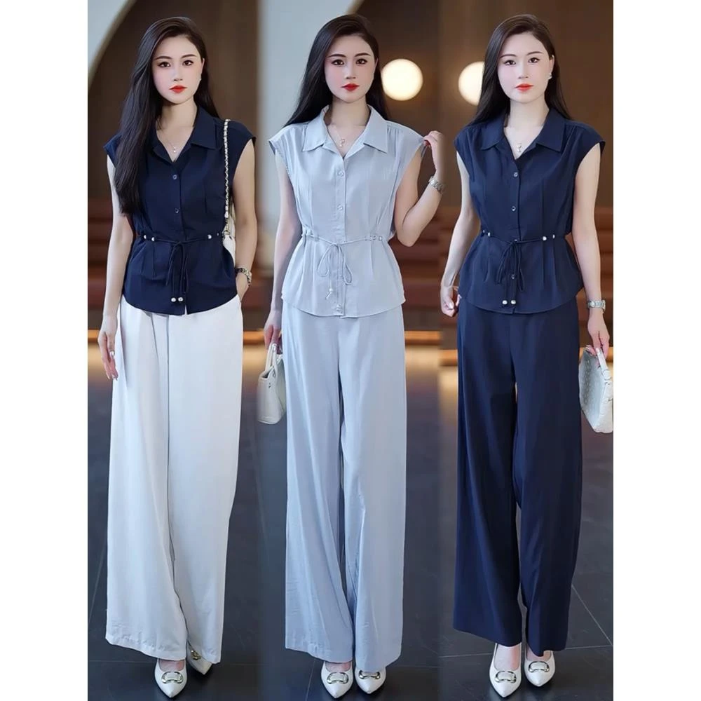 时尚套装女2025夏季新款洋气收腰无袖衬衫高腰阔腿裤气质两件套潮