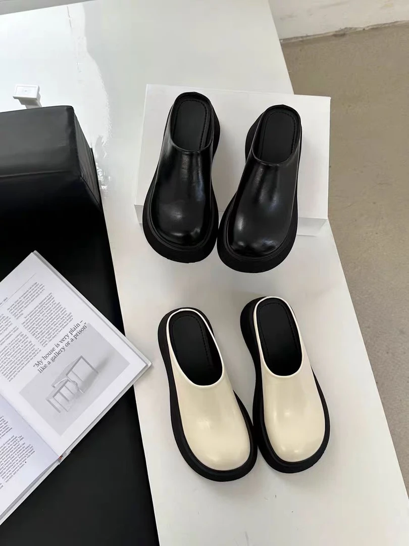 潮流半拖新款厚底增高软皮穆勒半拖皮鞋