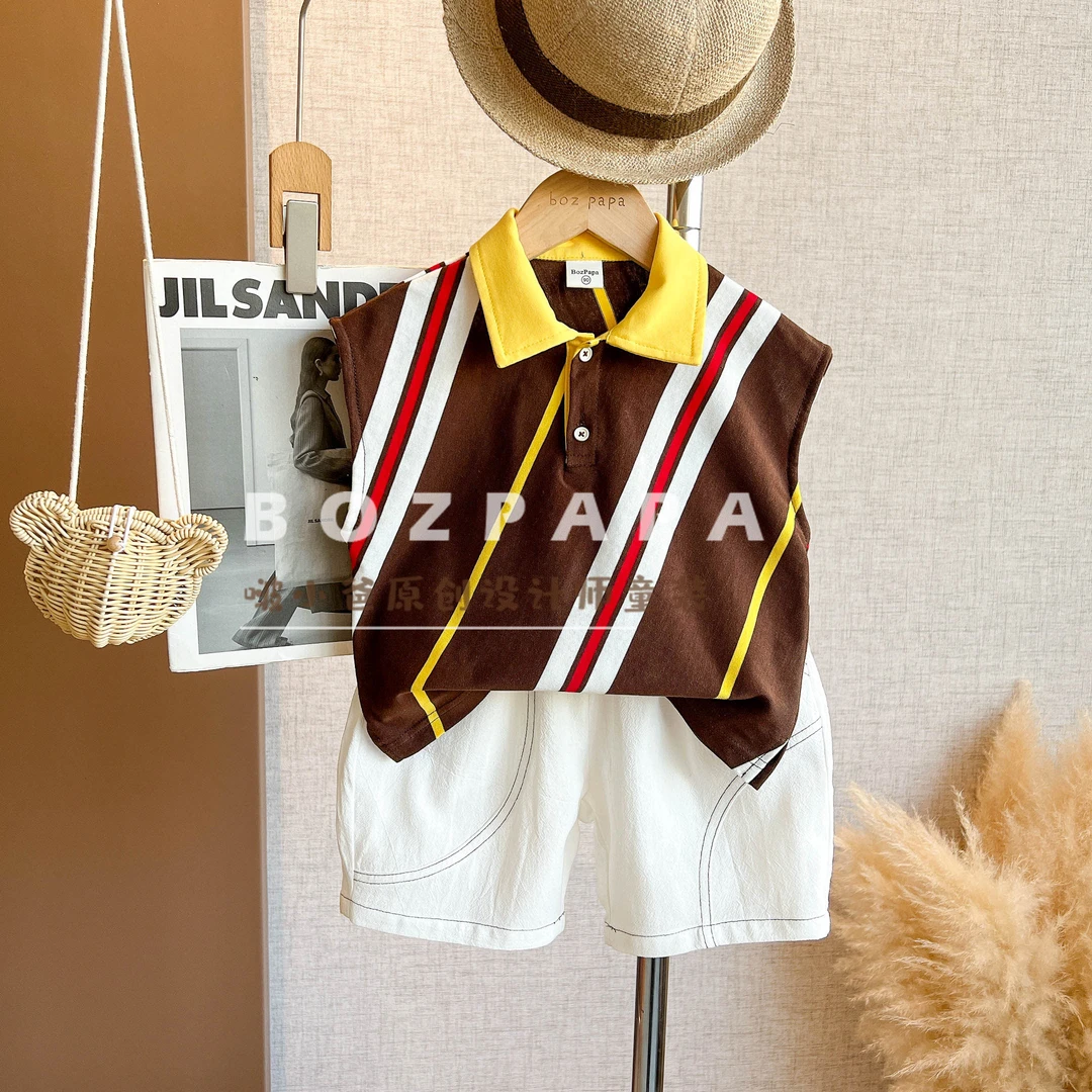 现货定制【秋日叠叠】2025夏季男童韩系棕色红白色斜条纹POLO衫套装