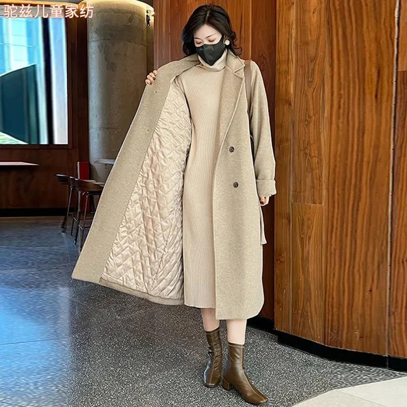 加厚白鸭绒呢子大衣女2025年新款冬装宽松加绒内胆毛呢外套中长款