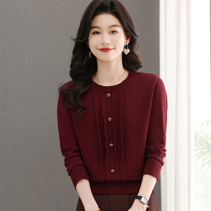 春季女士圆领宽松显瘦套头打底百搭减龄短款长袖针织衫洋气时尚