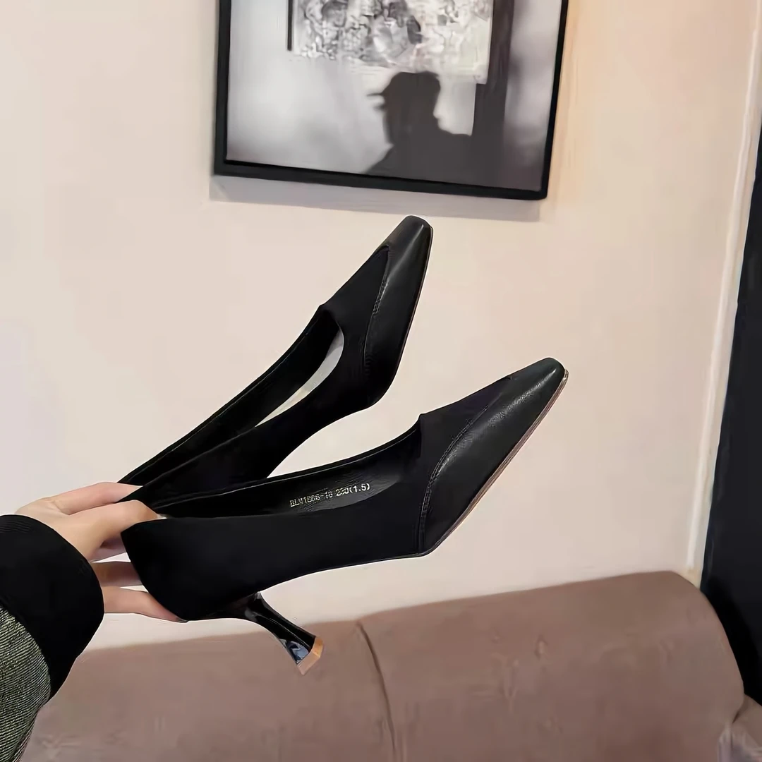 916-11气质高跟鞋女2025春季新款尖头细跟绒面拼接浅口单鞋工作鞋