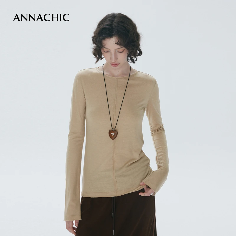 ANNACHIC经典基础_分割线散边长袖T恤女_裸感亲肤打底衫圆领上衣