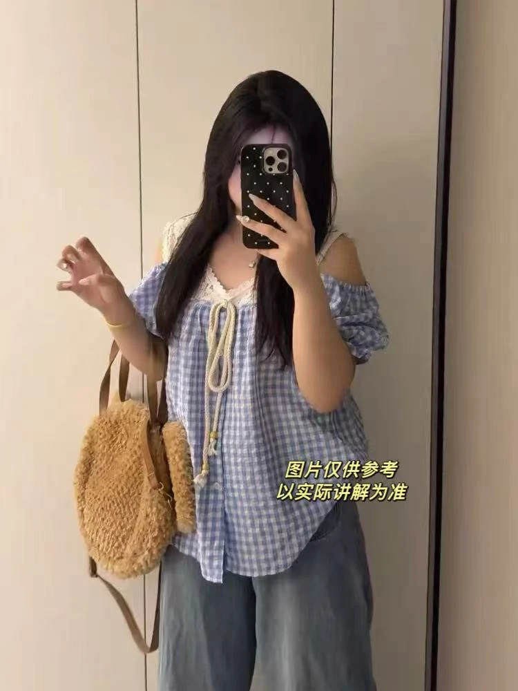 (胖家专属)法式甜美漏肩格子拼接上衣19151