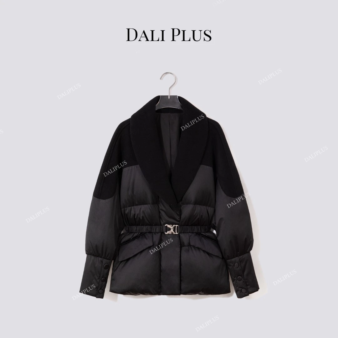 DALI PLUS“鹅绒服收腰羊绒羊毛呢”拼接拼接羽绒服-D5CH4630