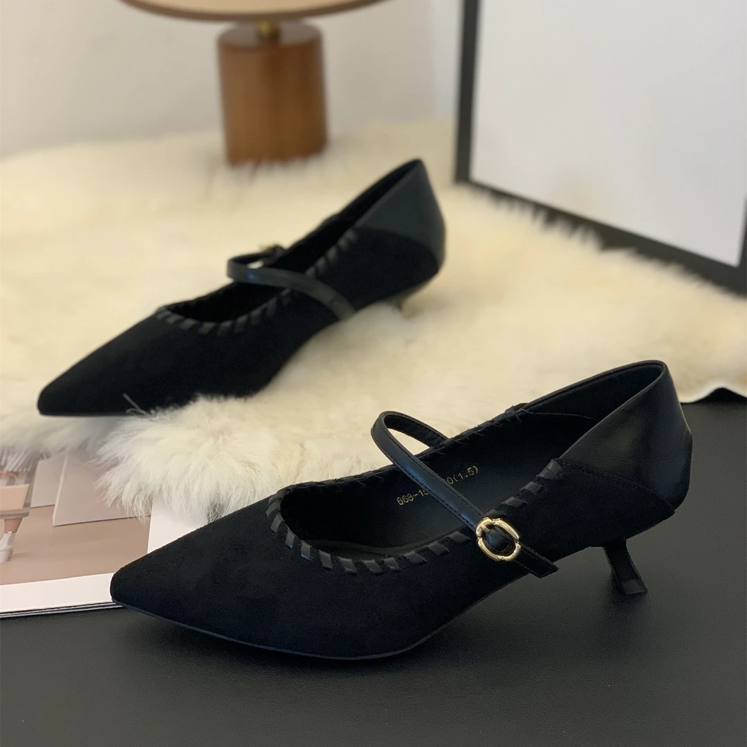 新款尖头复古单鞋女2025年秋季配裙子玛时尚一字带浅口法式丽珍鞋