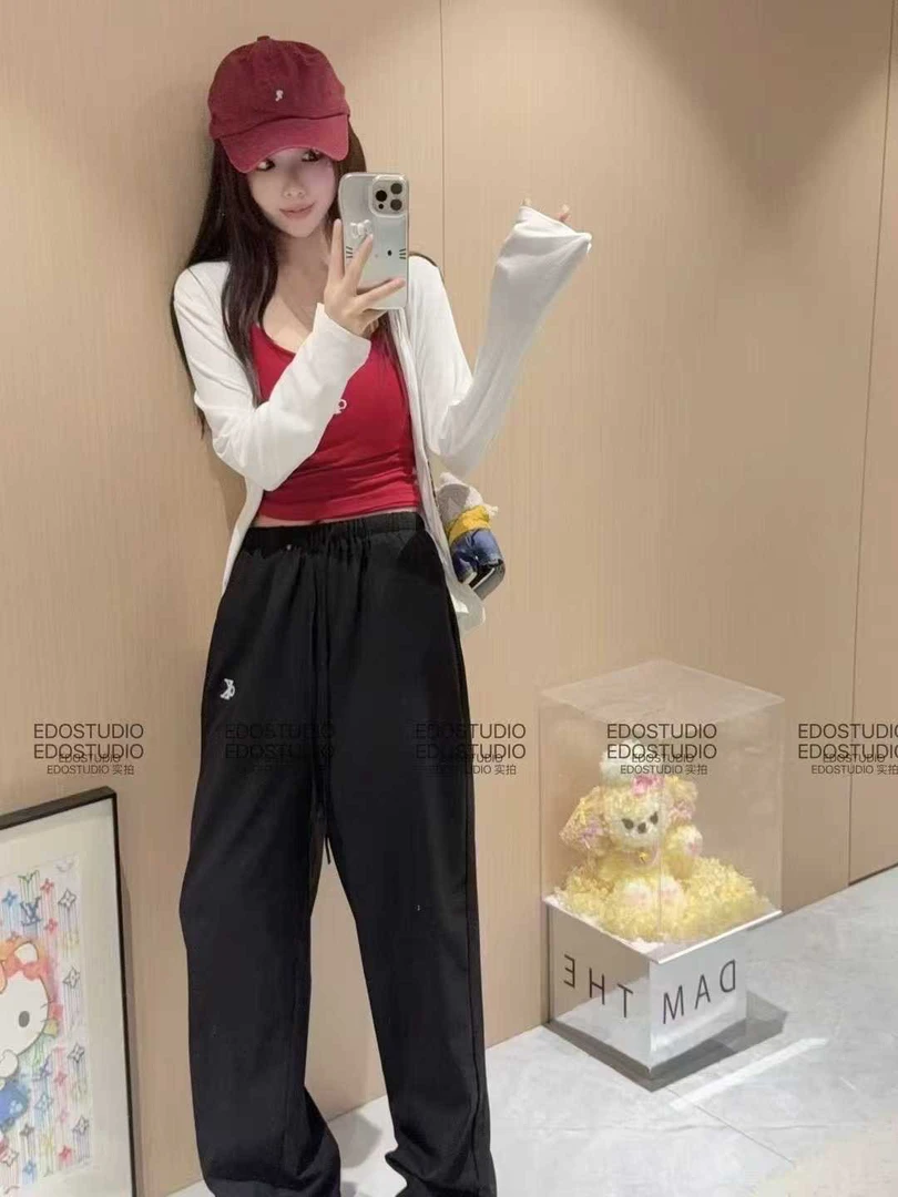 韩系白色长袖防晒开衫吊带裤子新款三件套套装