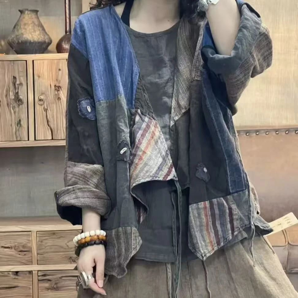 FF 7079 秋季亚麻拼接老布炒色做旧复古乞丐外套 胸围138长60