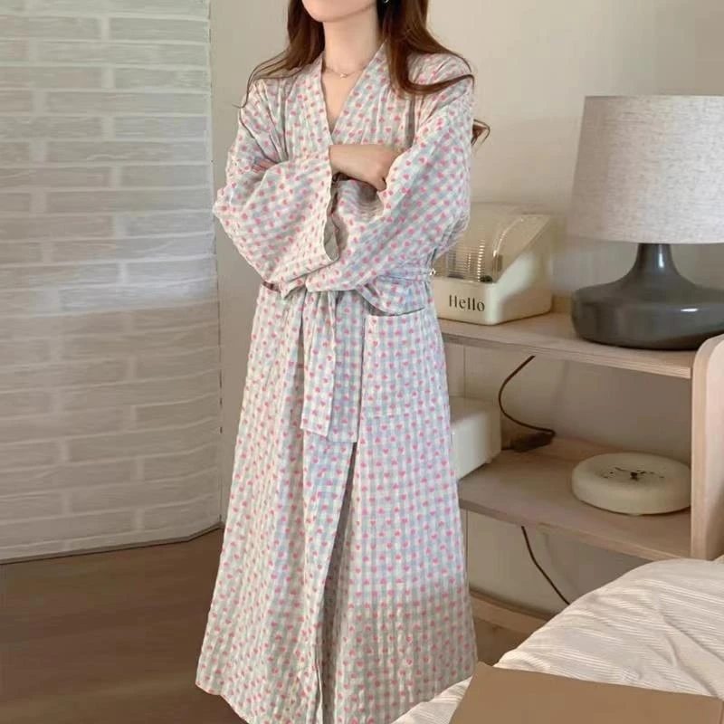 GPSUNLU夏天浴袍睡袍浴衣长袖睡衣女款春秋款甜美格子长款和服