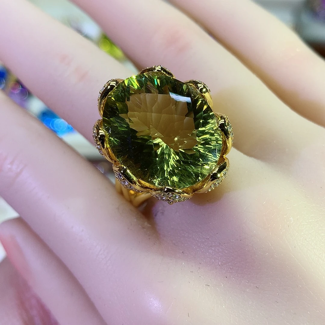 黄晶戒指银S925镀金镶嵌