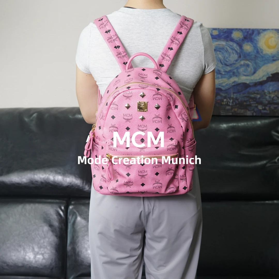 95新 MCM 粉色双肩包/YW05430340/0340