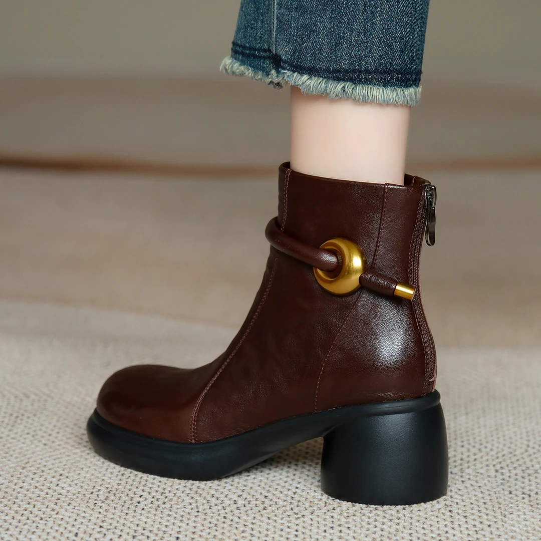 MENEER-M 2025新款复古防水台真皮圆头粗跟短靴女时装靴及踝靴子