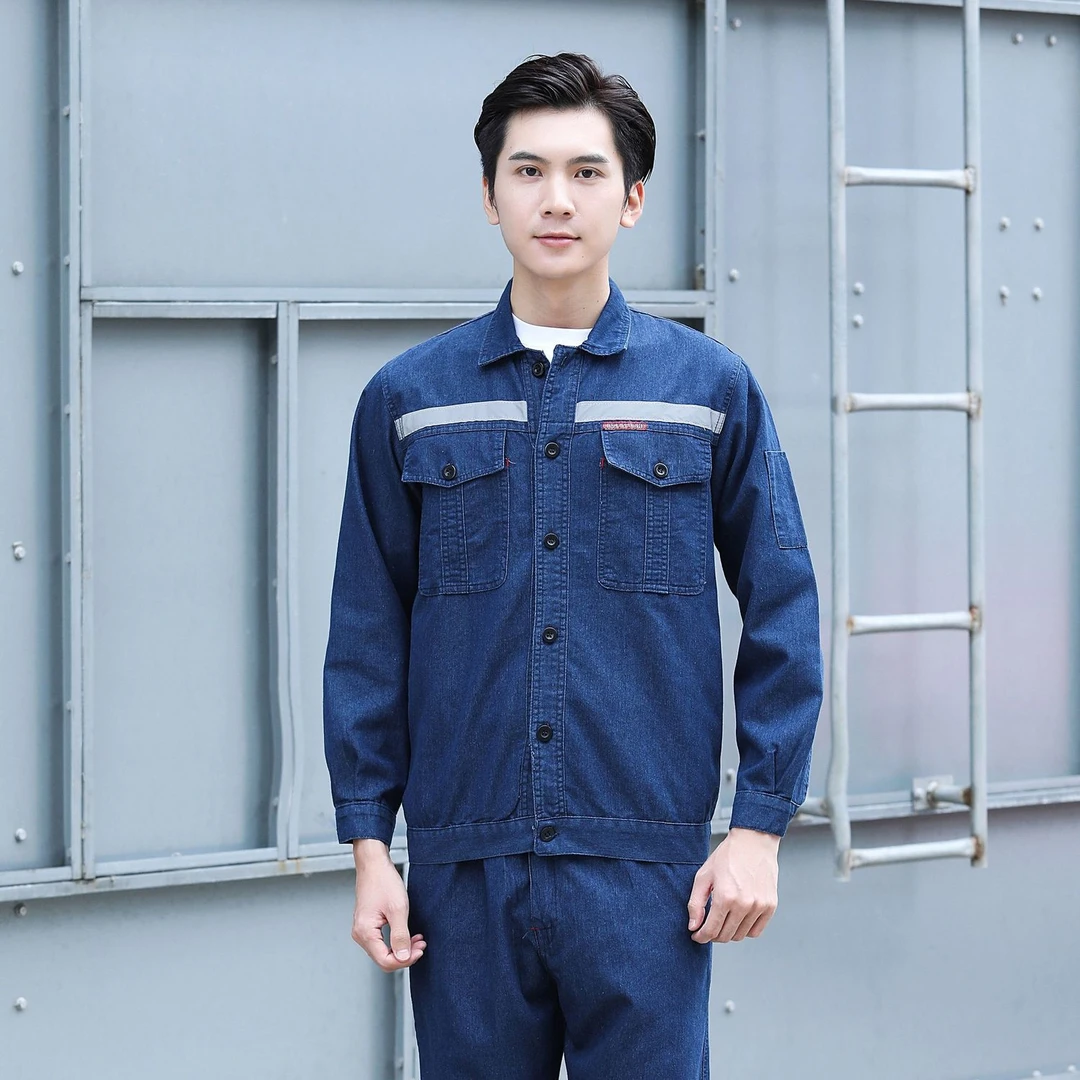 夏季新款反光条牛仔外套工作服建筑工地电焊工工装耐磨耐脏汽修男