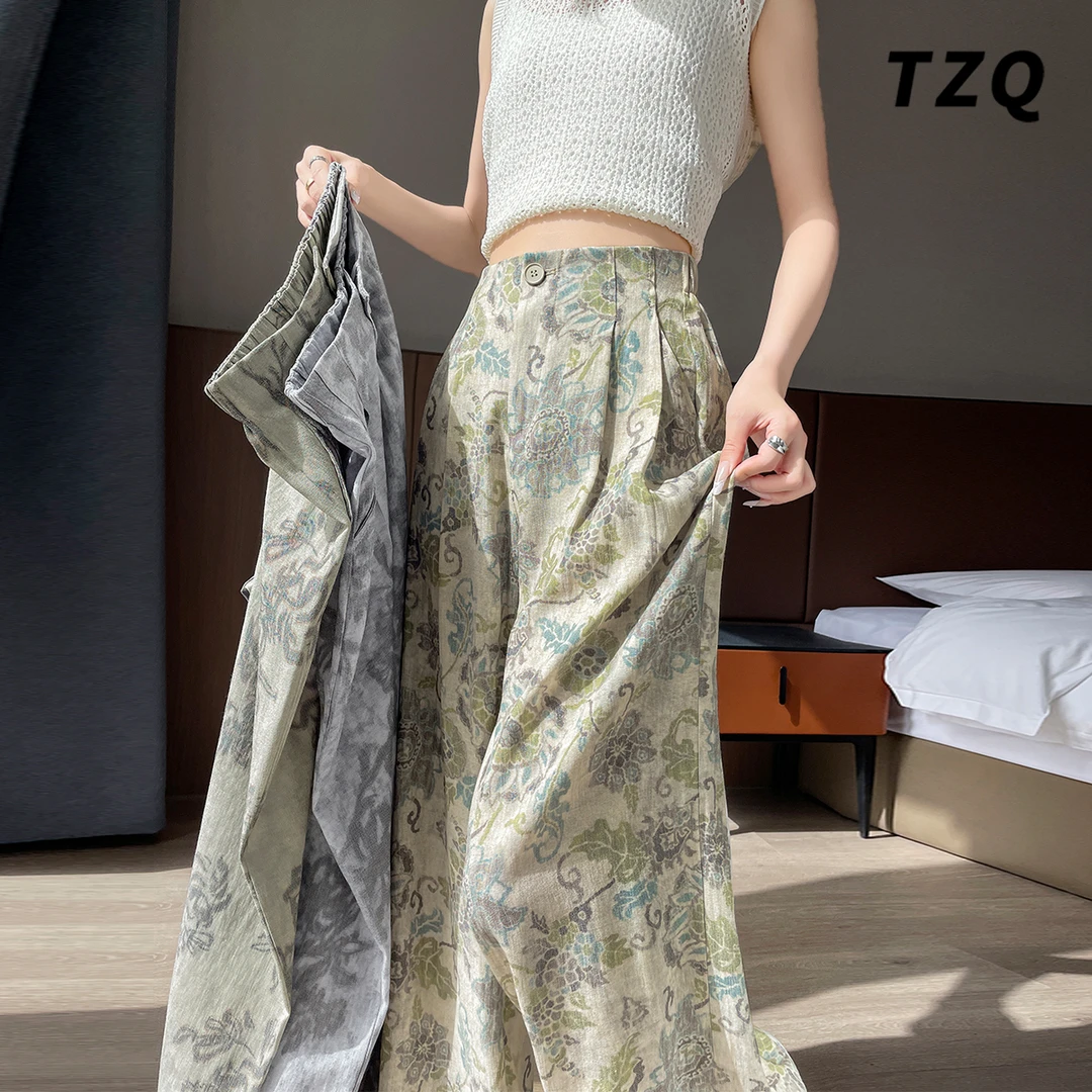 复古印花亚麻休闲阔腿裤女2025高腰宽松垂感直筒棉麻裤TZQ2570823