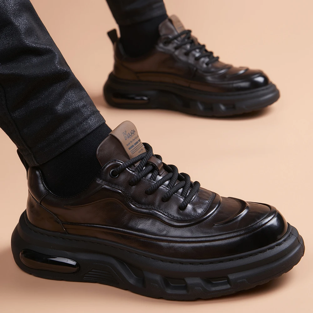 棕色运动风休闲皮鞋男款真皮头层牛皮轻便厚底增高软皮加绒棉鞋子